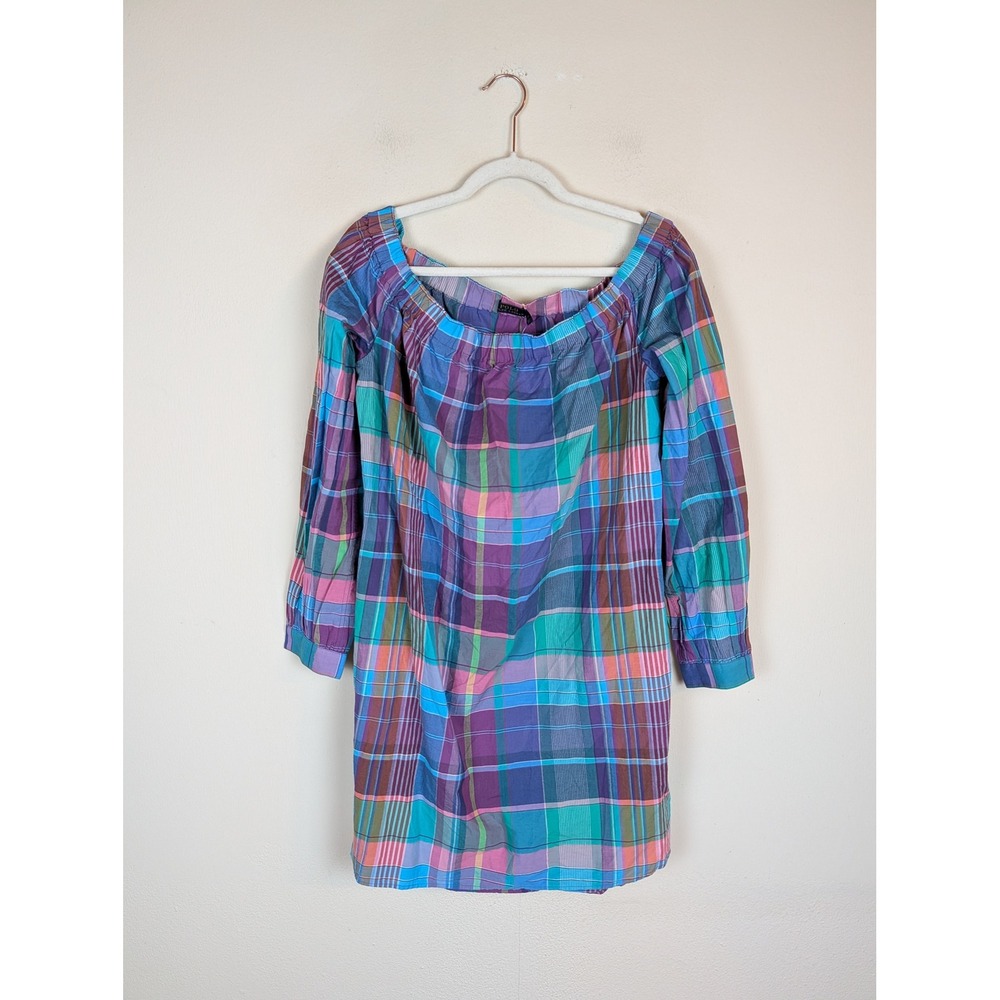 Polo Ralph Lauren Dress Large Multicolor Plaid Off The Shoulder Cotton Midi NEW